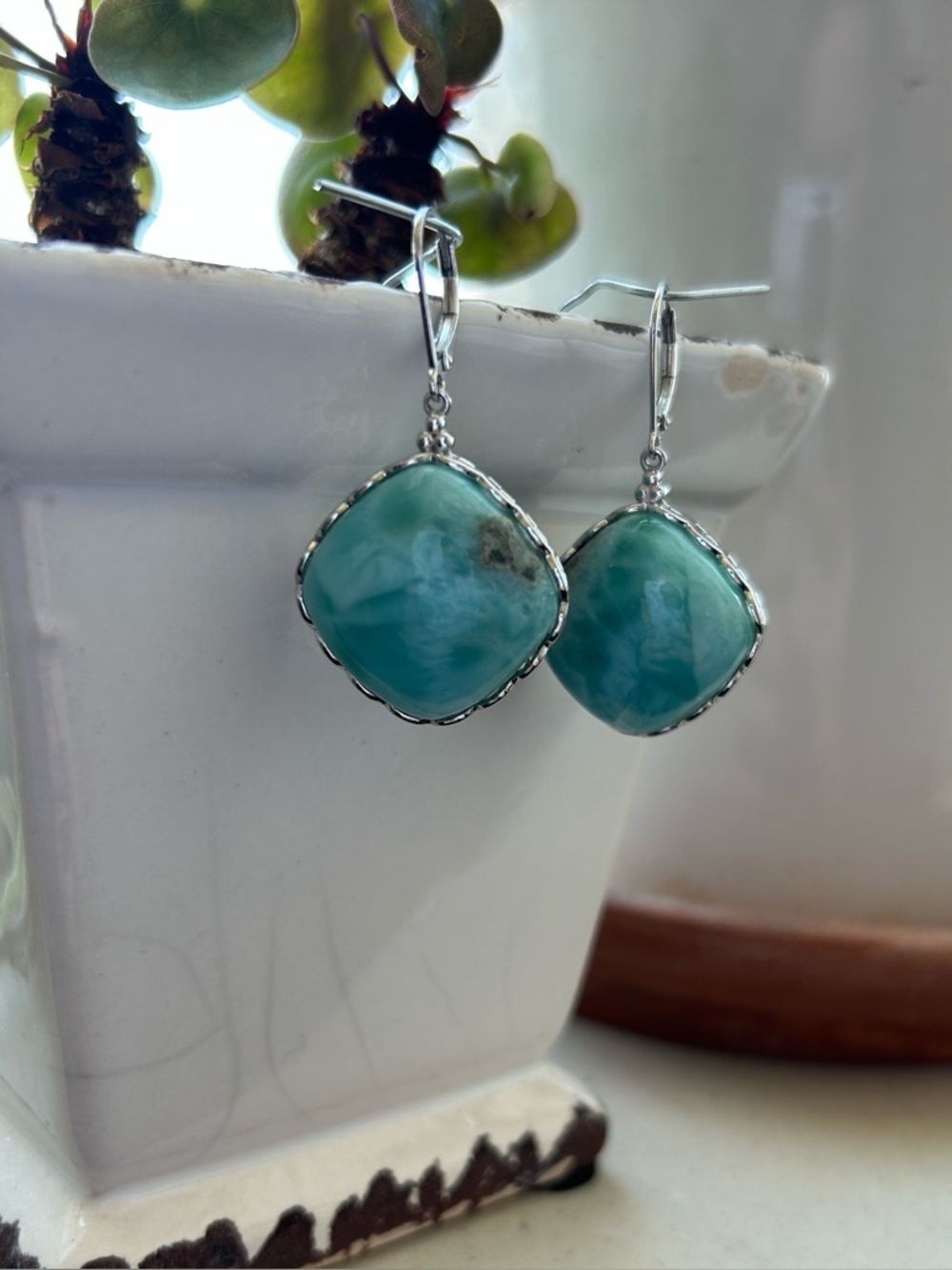 20mm Square Cabochon Larimar Sterling Silver Dangle Earrings
